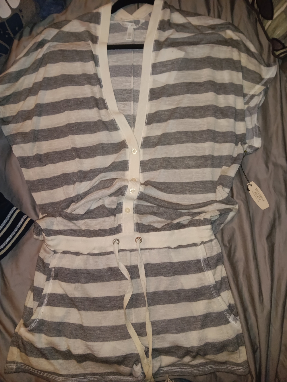 Victoria's Secret Gray & White Striped Romper with Drawstring